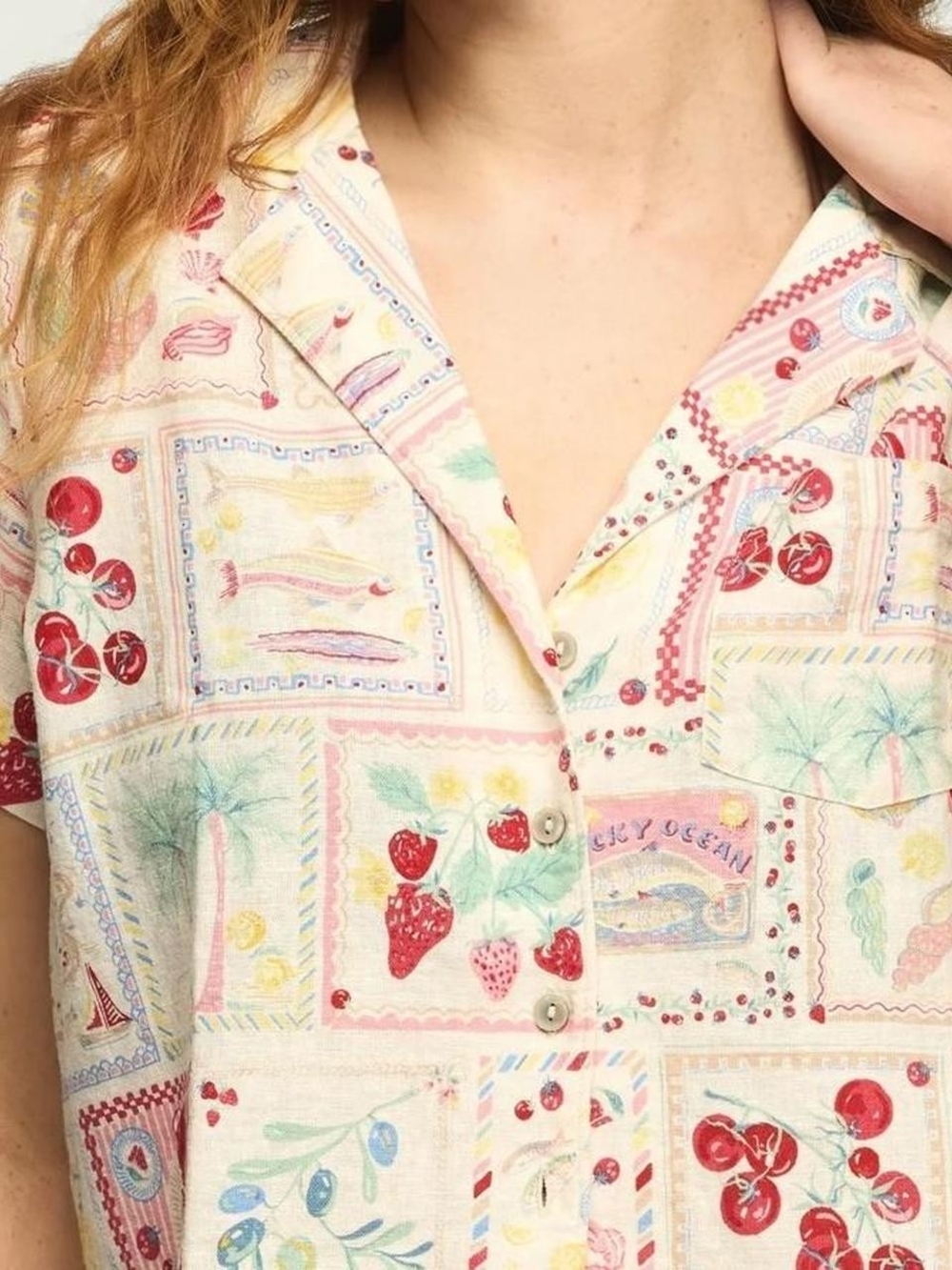 New Lucky Brand printed linen camp postcard shirt size large